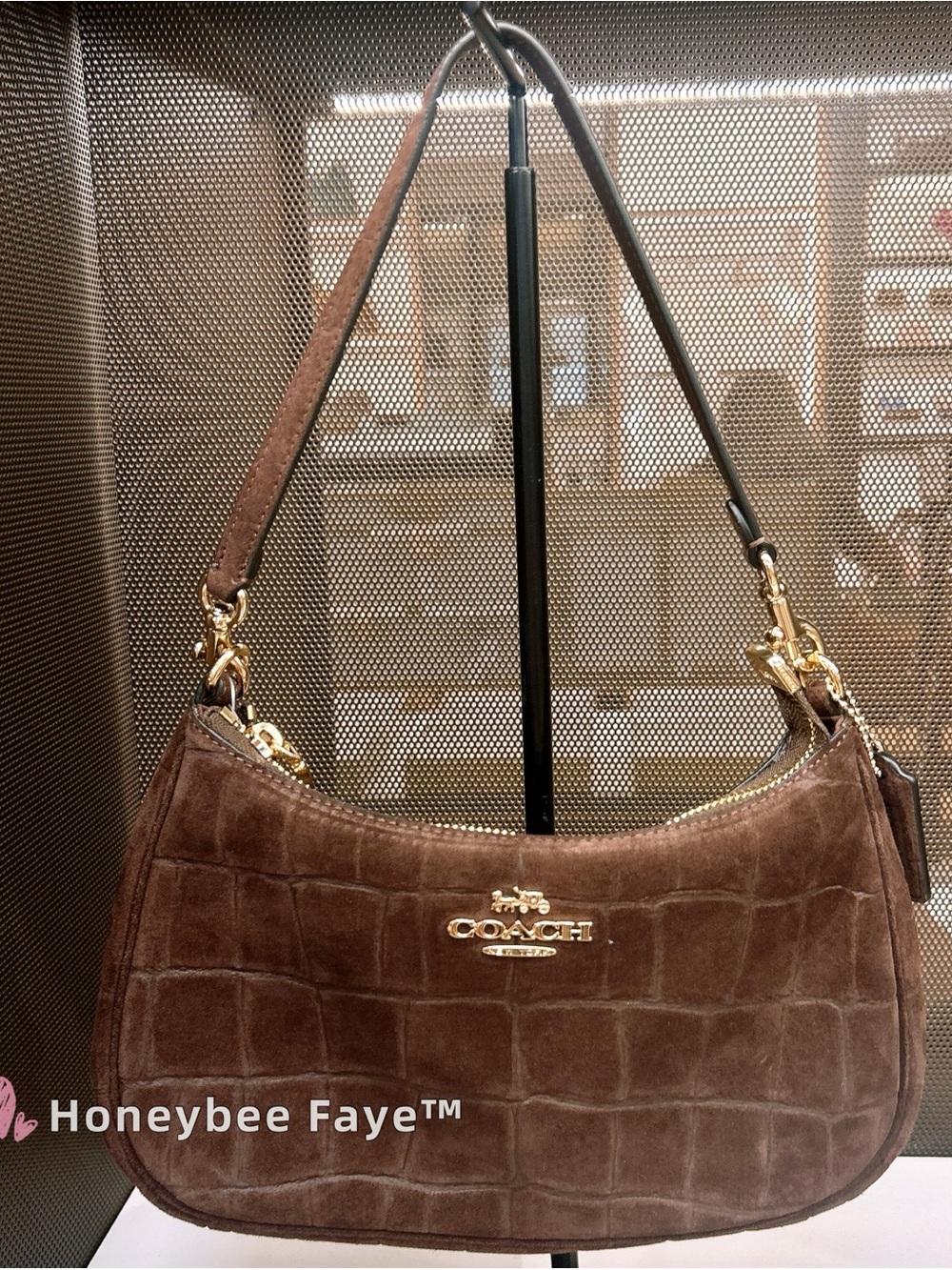 Coach soft Teri Brown Suede Croc-Embossed Shoulder Bag with Gold Hardware